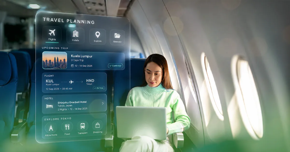Traveller using an AI planner to organise flights hotels and a trip itinerary