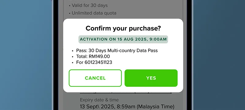 Select the country and choose the desired roaming pass to confirm your purchase