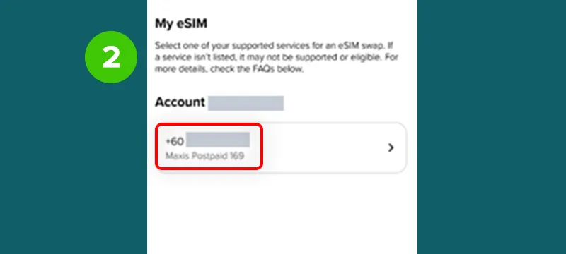 Step 2 - Select the mobile number that you would like to convert your physical sim to eSIM (please ensure that the requesting device is triggering the request).